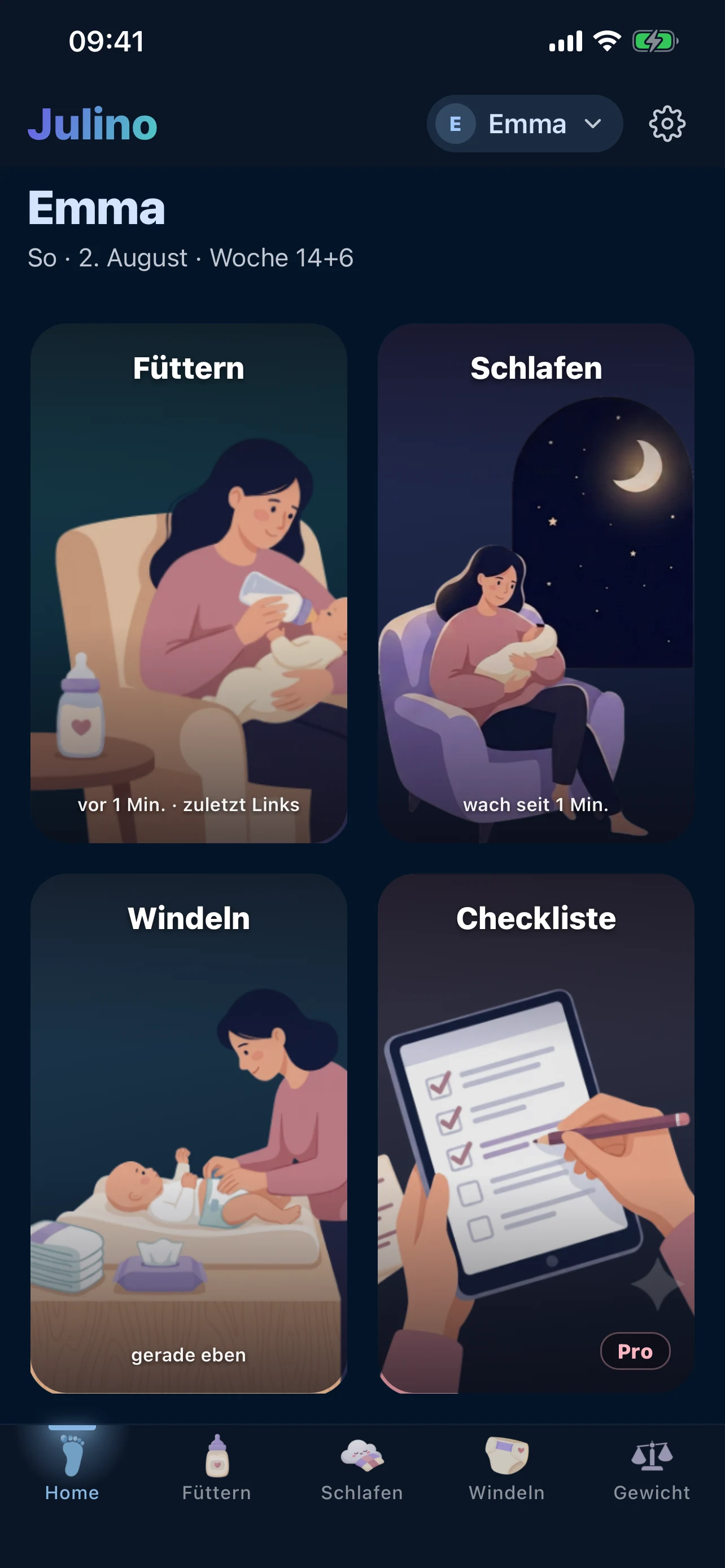 Julino-Dashboard auf einem iPhone mit laufendem Stillzeit-Timer