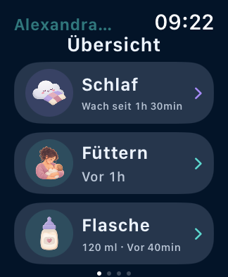 Julino auf der Apple Watch mit Übersicht für Schlaf, Stillen und Fläschchen