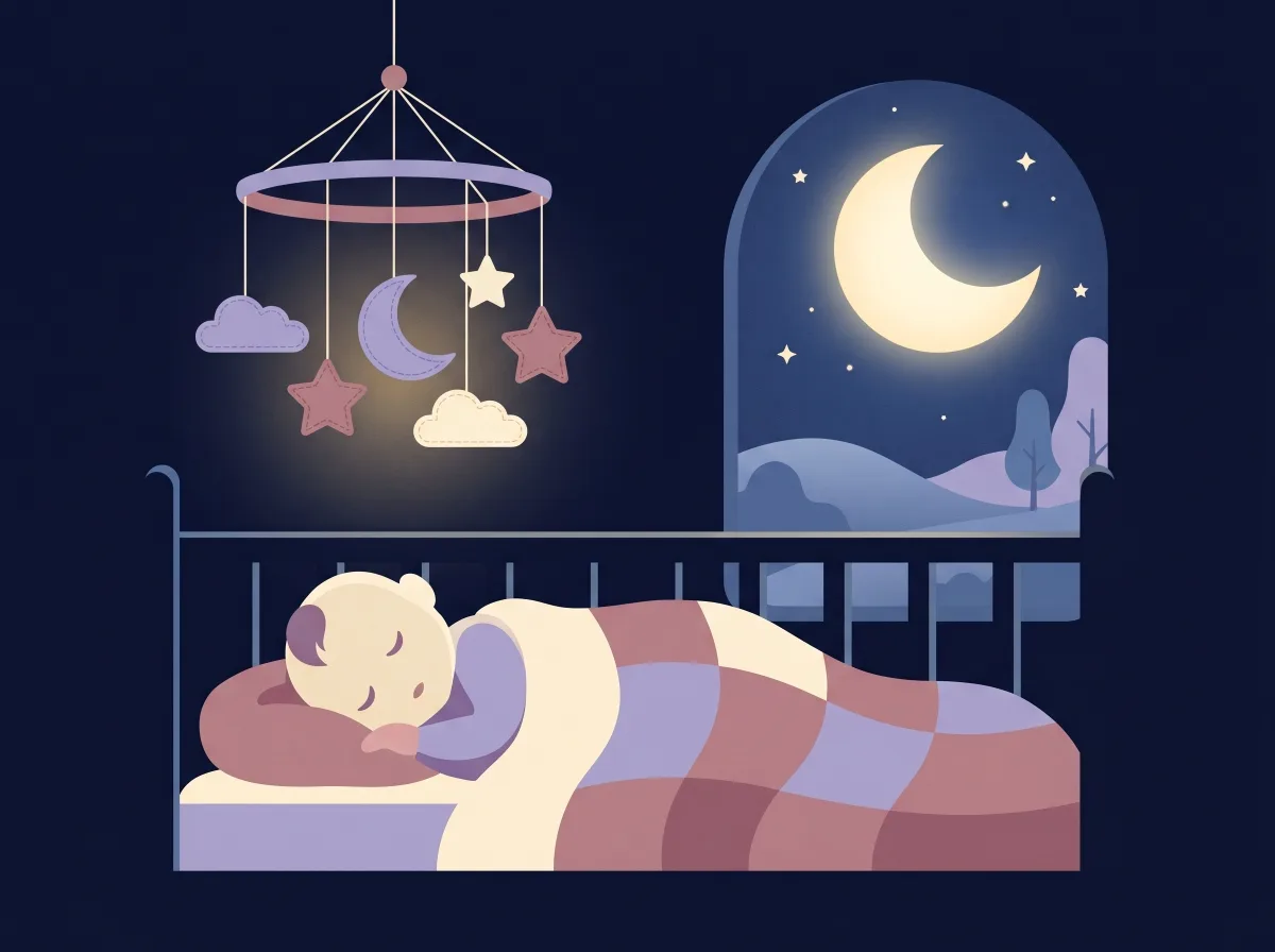 Illustrazione: un bambino dorme sereno sotto una giostrina con luna e stelle