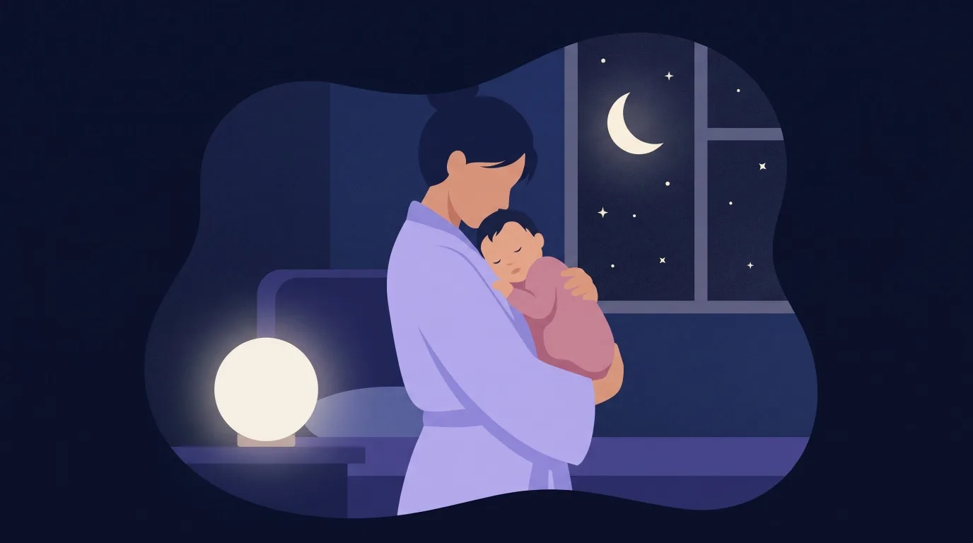 Illustrazione: un genitore tiene in braccio un bambino addormentato la sera